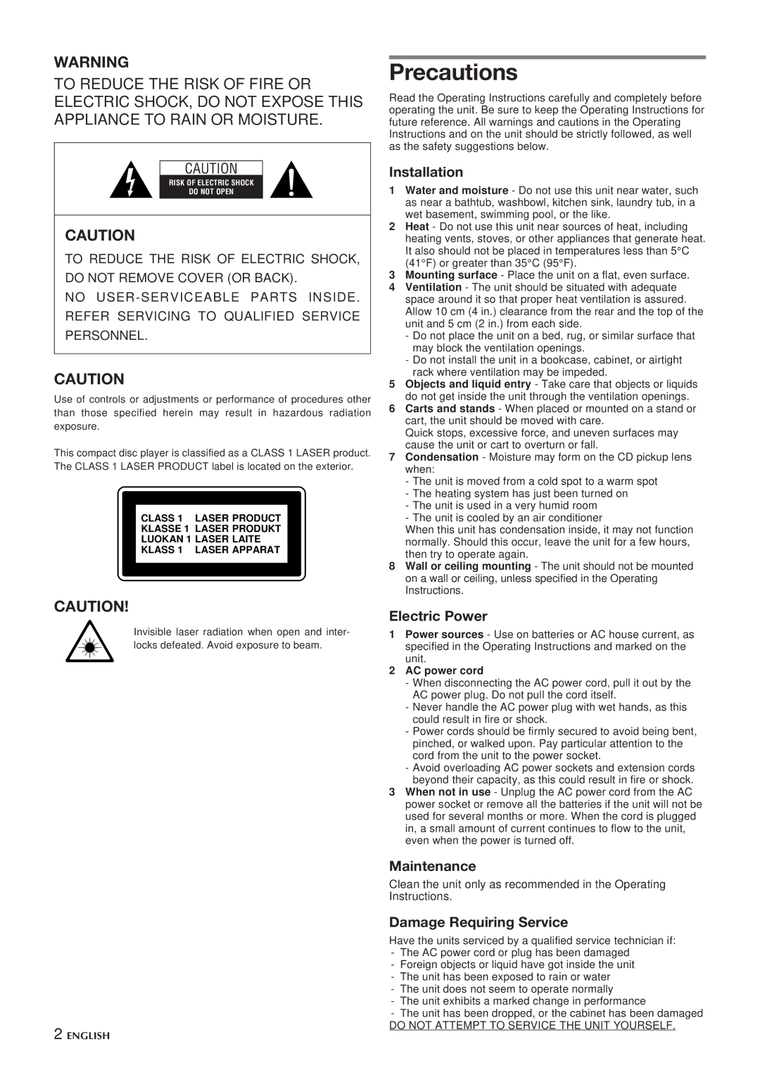 Aiwa CSD-TD20 manual Precautions, Installation 