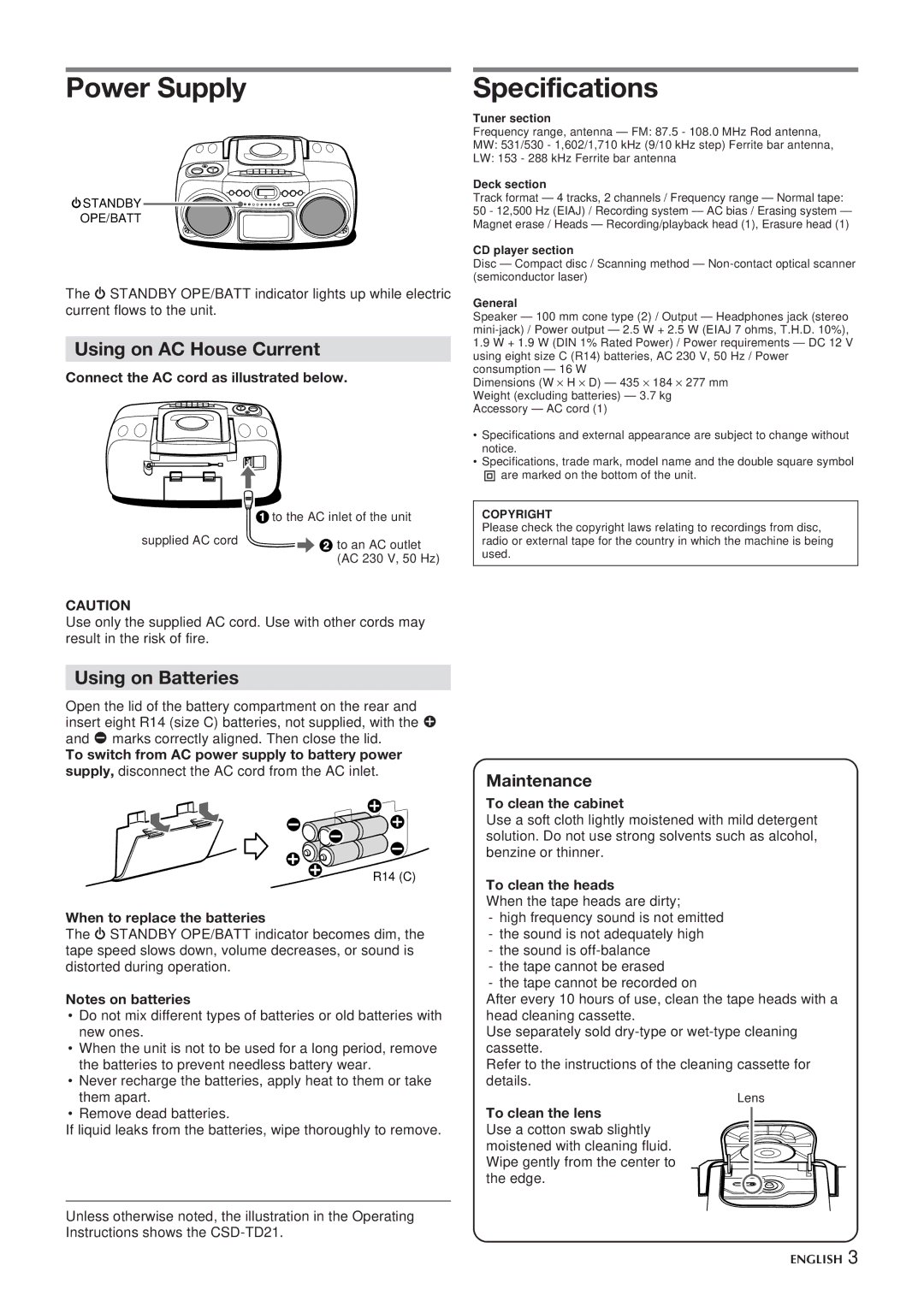 Aiwa CSD-TD20 manual Power Supply, Specifications 