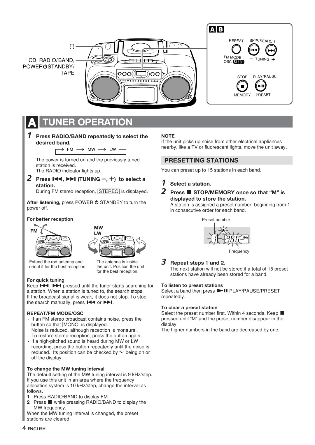 Aiwa CSD-TD20 Tuner Operation, Presetting Stations, Press RADIO/BAND repeatedly to select the desired band, Repeat steps 1 