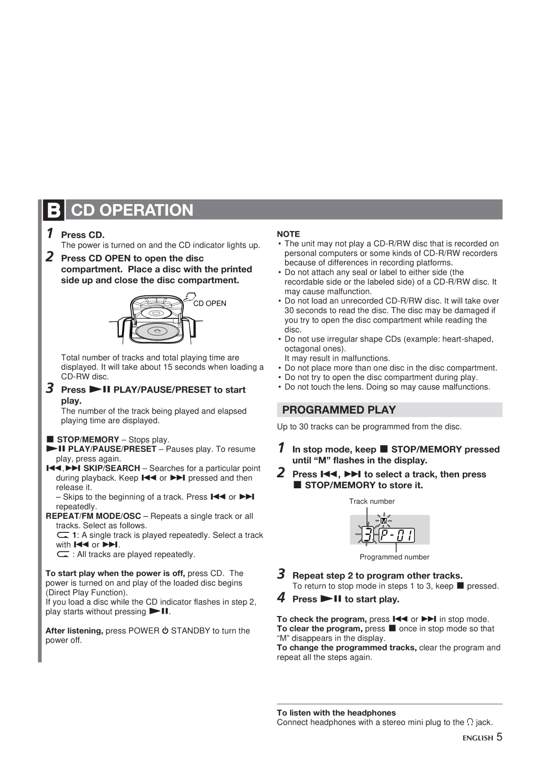 Aiwa CSD-TD20 manual CD Operation, Programmed Play, Press CD, Press ePLAY/PAUSE/PRESET to start play 