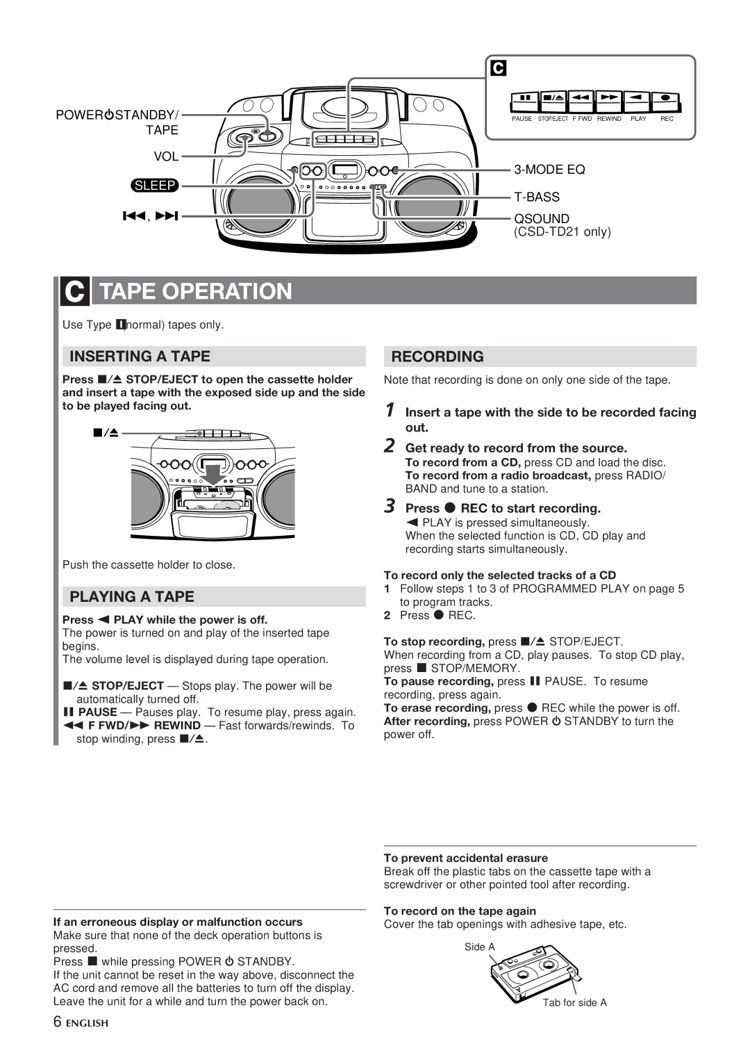 Aiwa CSD-TD20 manual Tape Operation, Inserting a Tape, Playing a Tape, Recording, Press wREC to start recording 