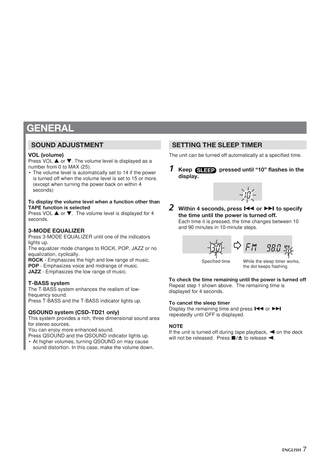 Aiwa CSD-TD20 manual General, Sound Adjustment, Setting the Sleep Timer, Mode Equalizer 