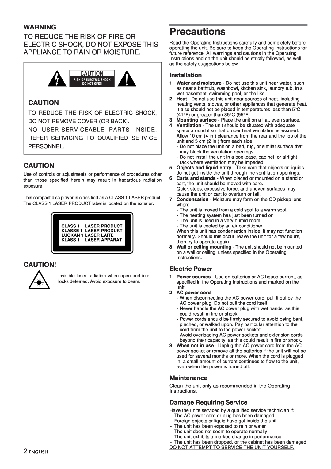 Aiwa CSD-TD20 manual Precautions, Installation, Electric Power, Maintenance, Damage Requiring Service 
