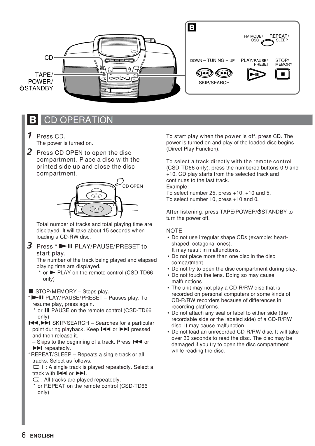 Aiwa CSD-TD28, CSD-TD26, CSD-TD66, CSD-TD27 CD Operation, Press CD, Press * e PLAY/PAUSE/PRESET to start play 