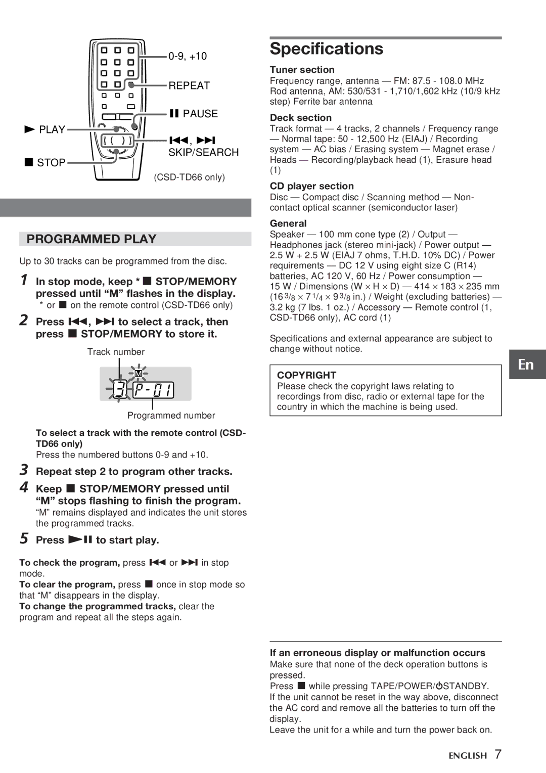 Aiwa CSD-TD27, CSD-TD26, CSD-TD66, CSD-TD28 operating instructions Specifications, Copyright 