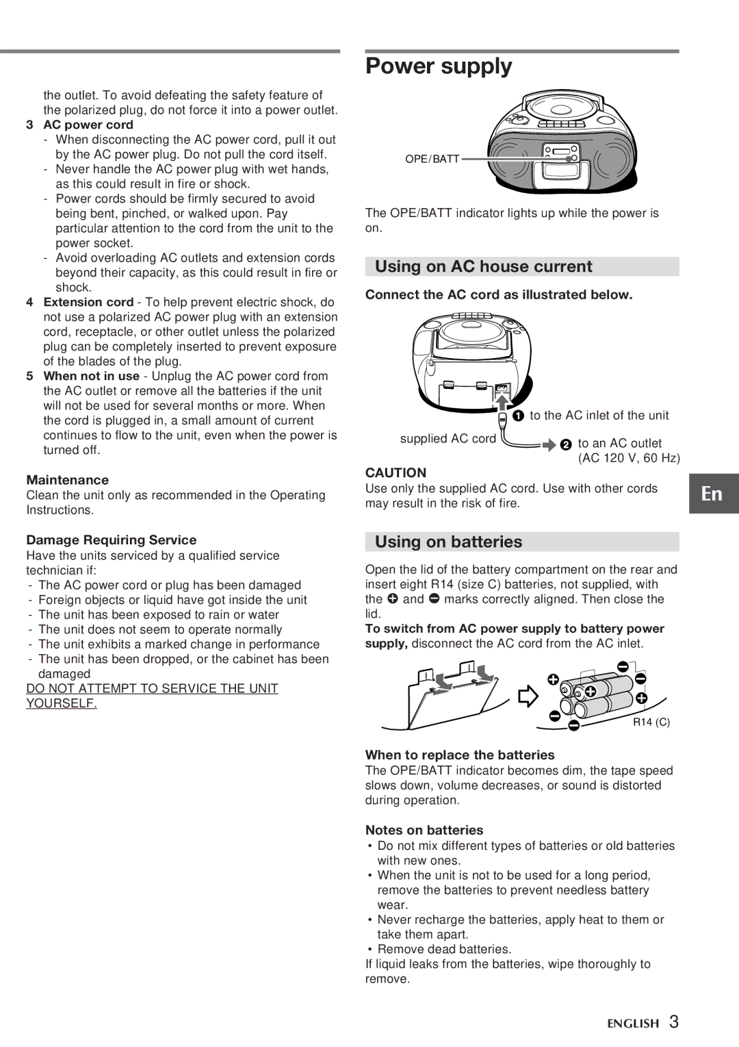 Aiwa CSD-TD320, CSD-TD310 Power supply, Maintenance, Damage Requiring Service, Connect the AC cord as illustrated below 