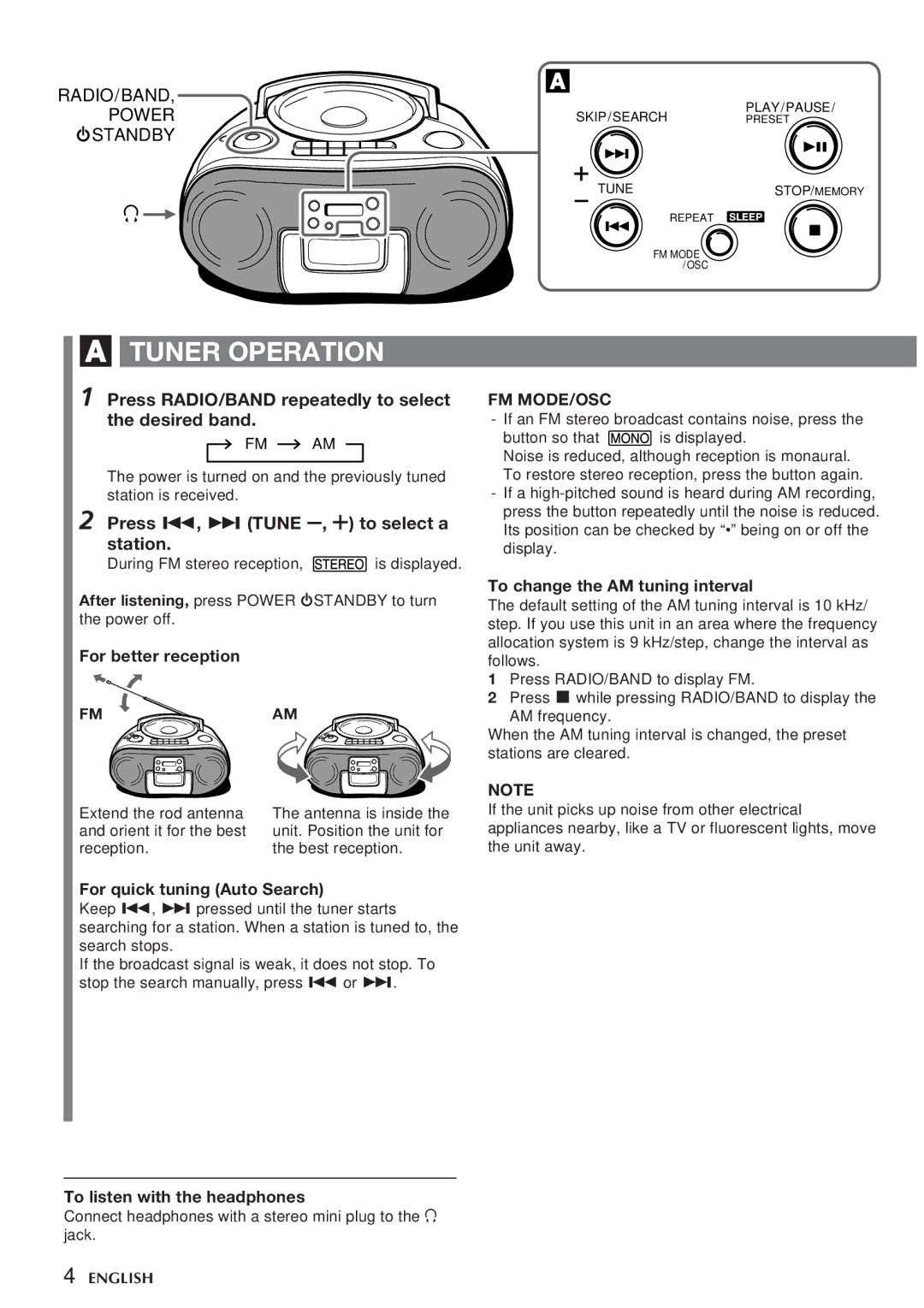 Aiwa CSD-TD310 Tuner Operation, Press RADIO/BAND repeatedly to select, Desired band, Press r, t Tune -, + to select a 