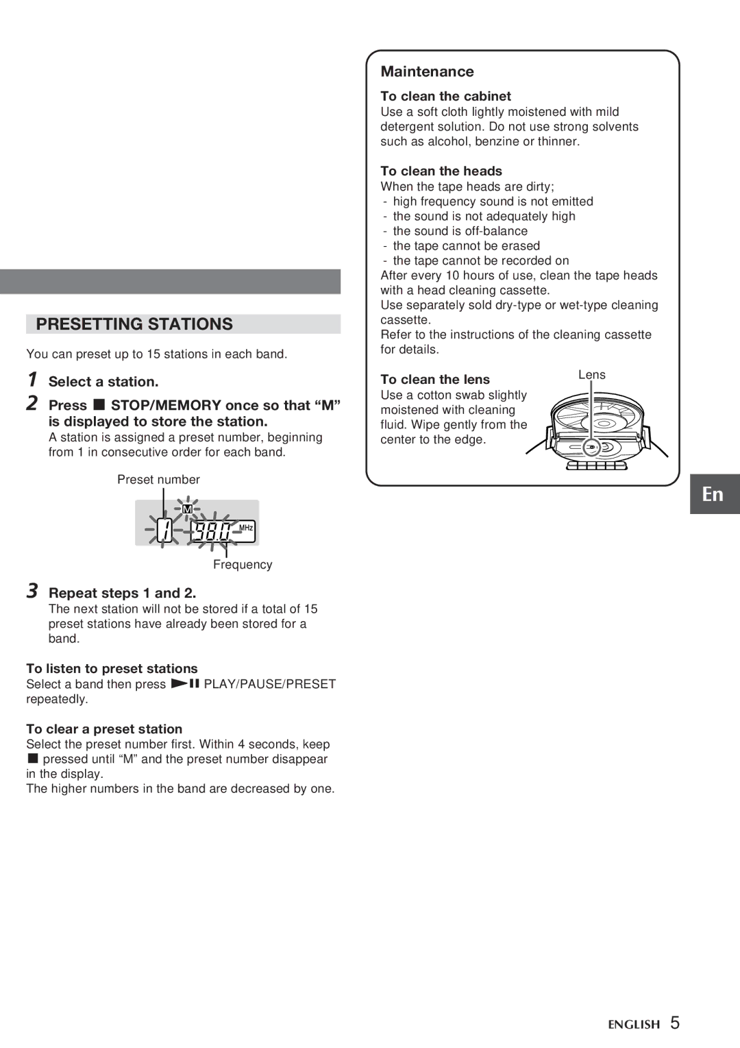 Aiwa CSD-TD320, CSD-TD310 operating instructions Presetting Stations, Repeat steps 1, Maintenance 