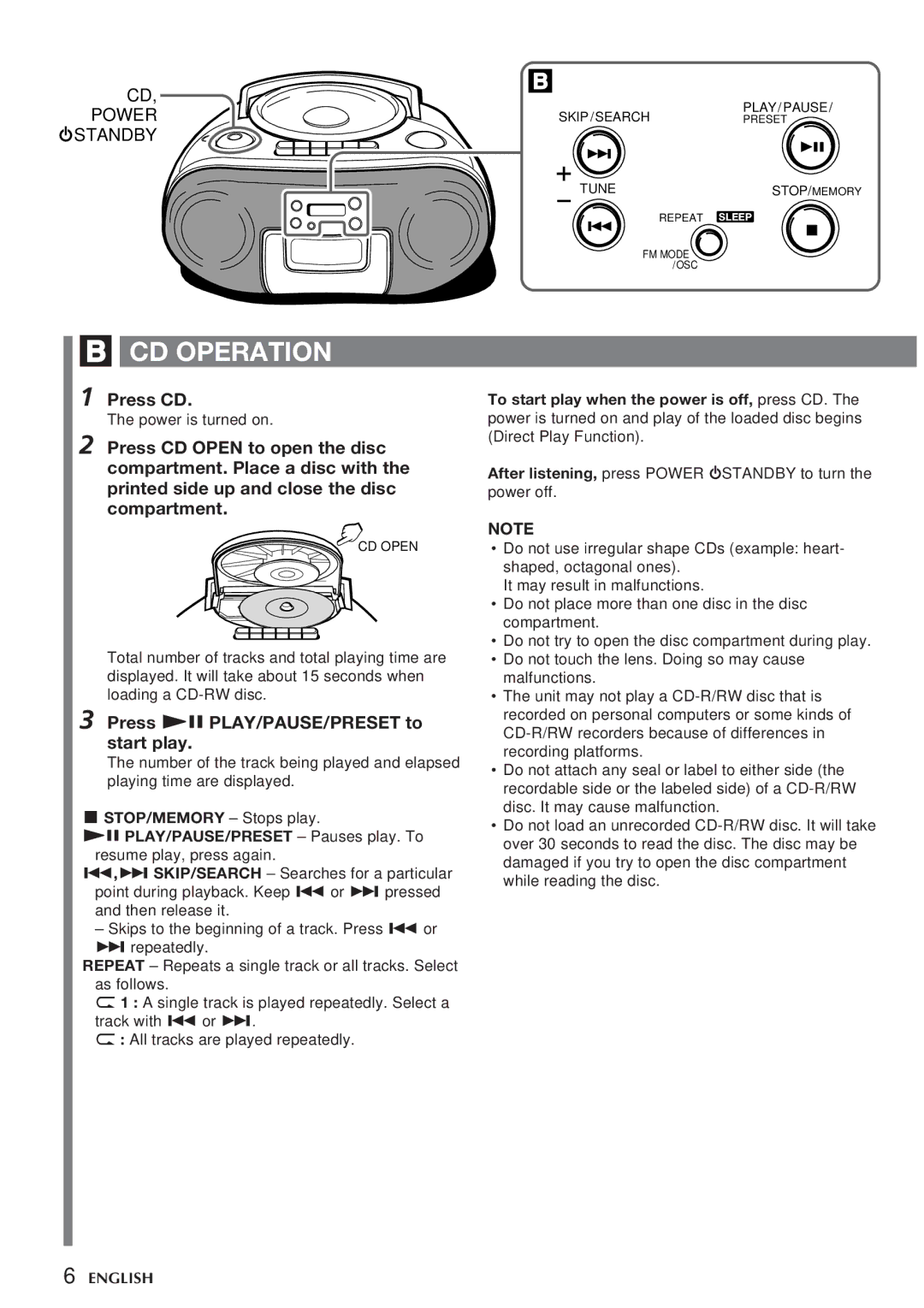 Aiwa CSD-TD310, CSD-TD320 operating instructions CD Operation, Press CD, Press e PLAY/PAUSE/PRESET to start play 