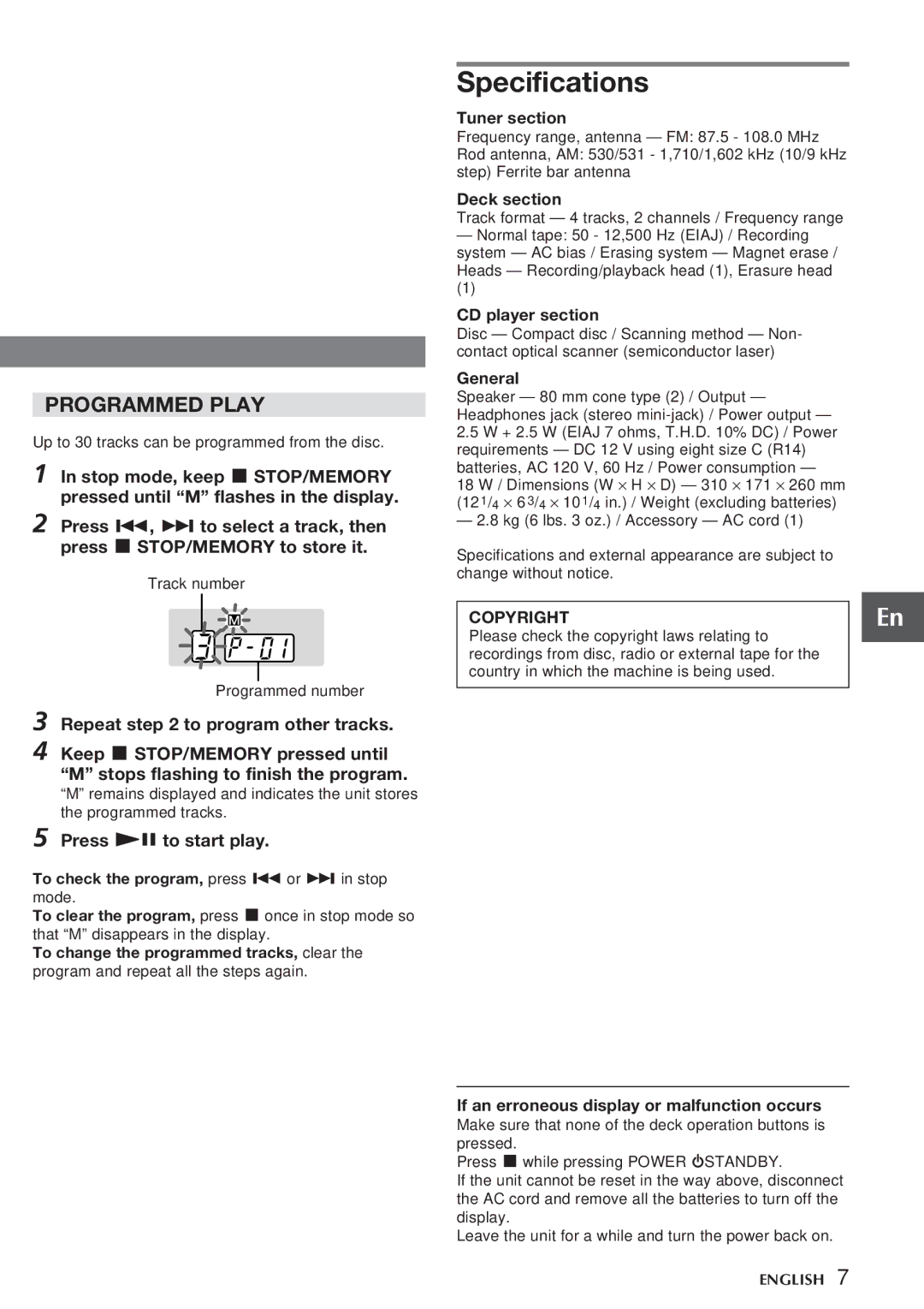 Aiwa CSD-TD320, CSD-TD310 operating instructions Specifications 