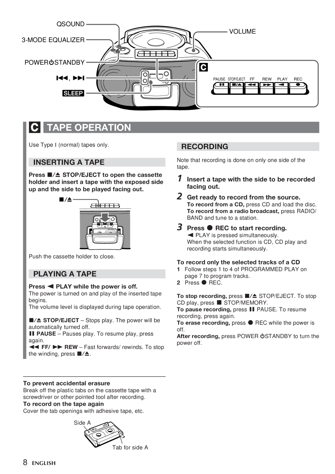 Aiwa CSD-TD310, CSD-TD320 operating instructions Tape Operation, Inserting a Tape, Playing a Tape 