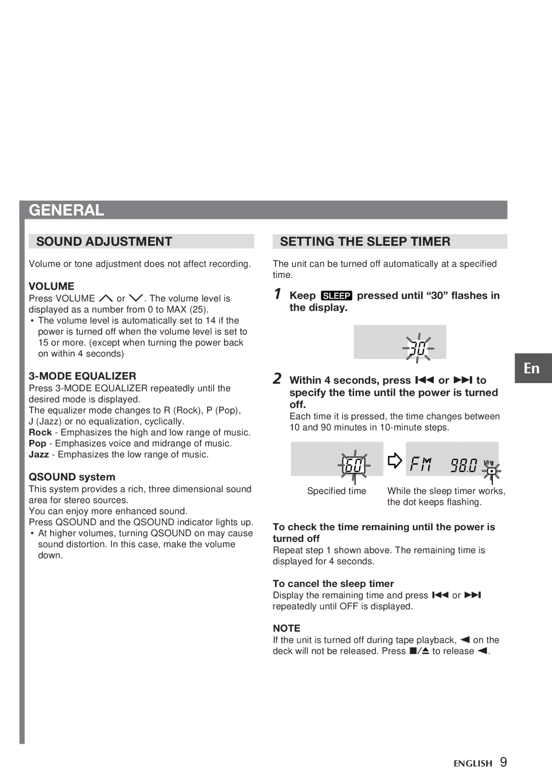 Aiwa CSD-TD320, CSD-TD310 operating instructions General, Sound Adjustment, Setting the Sleep Timer 