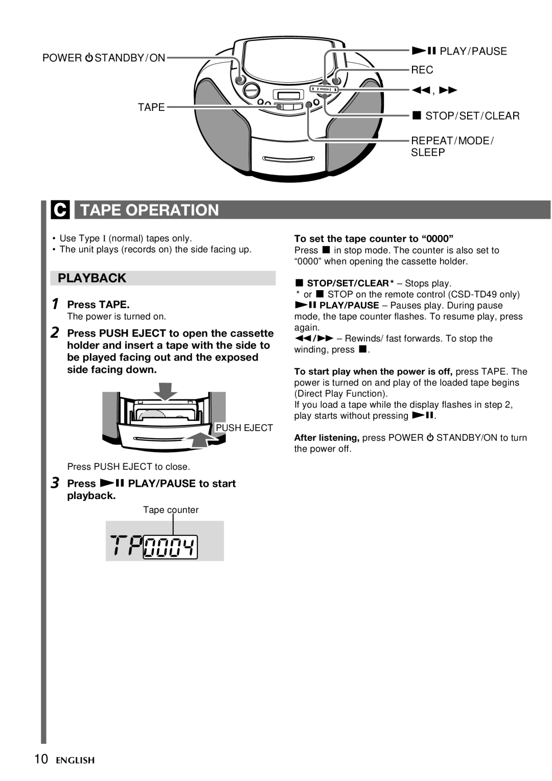 Aiwa CSD-TD49 Tape Operation, Playback, Press Tape, Press e PLAY/PAUSE to start playback, To set the tape counter to 