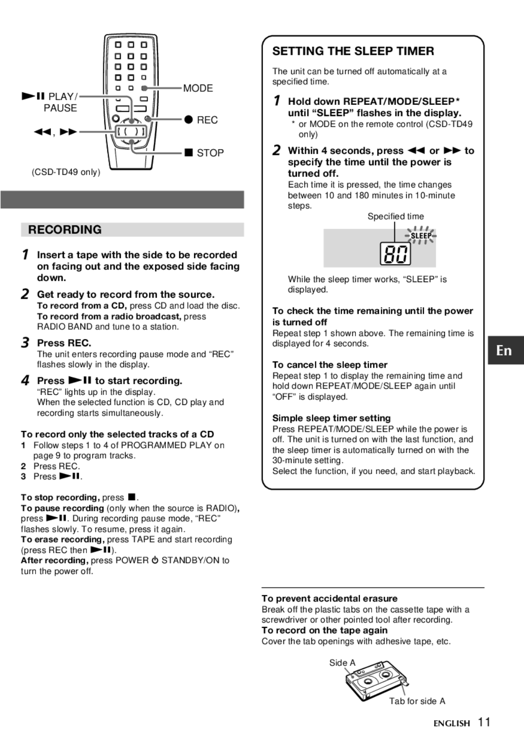 Aiwa CSD-TD39, CSD-TD49 operating instructions Recording, Setting the Sleep Timer, Press REC, Press e to start recording 