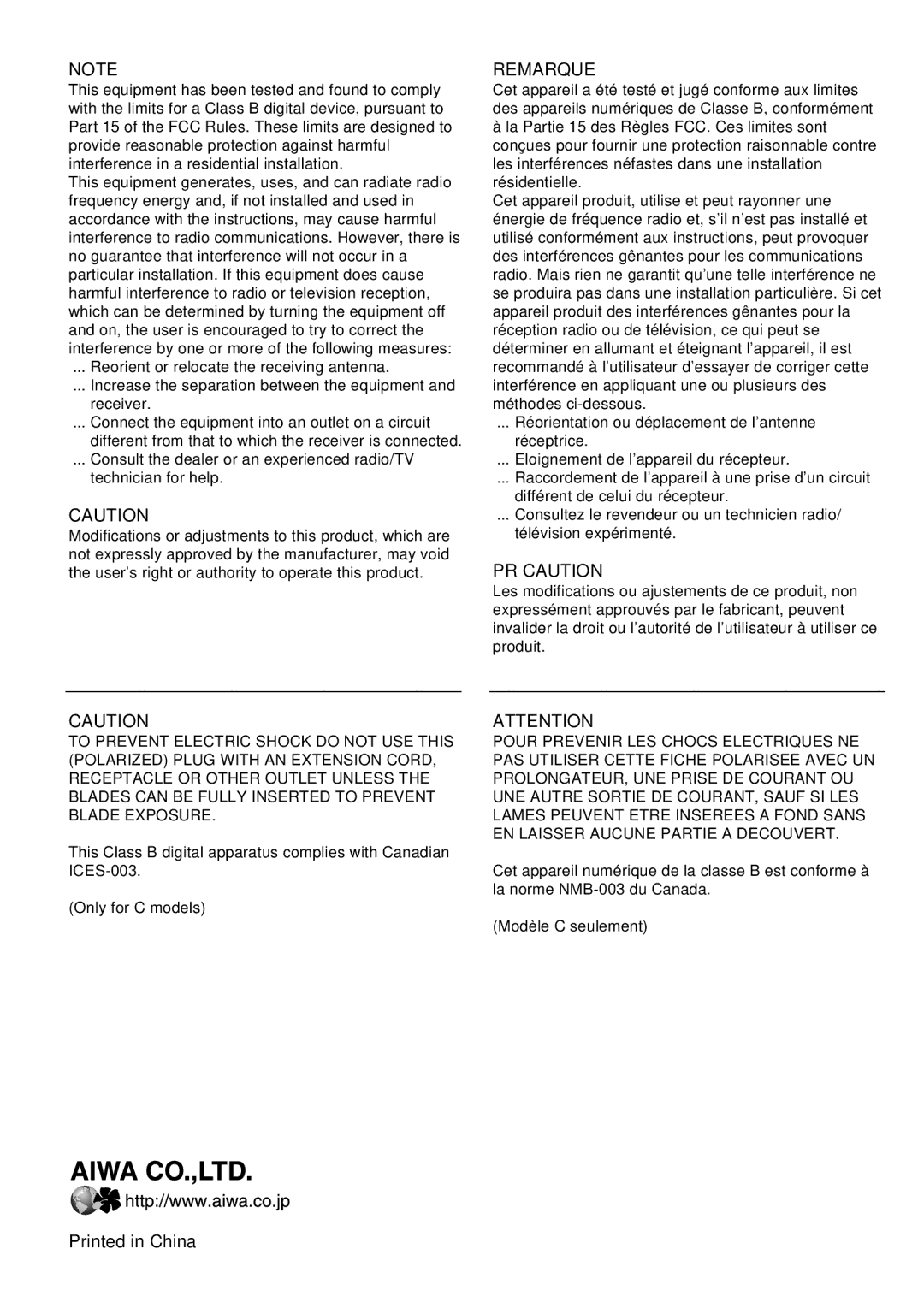 Aiwa CSD-TD49, CSD-TD39 operating instructions Remarque 