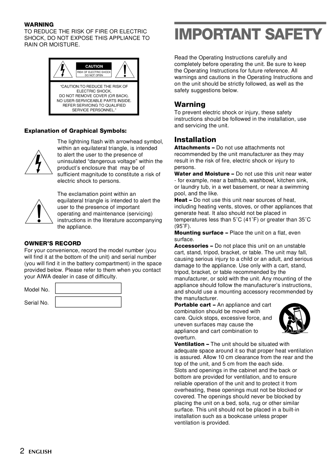 Aiwa CSD-TD49, CSD-TD39 operating instructions Installation, Explanation of Graphical Symbols, OWNER’S Record 