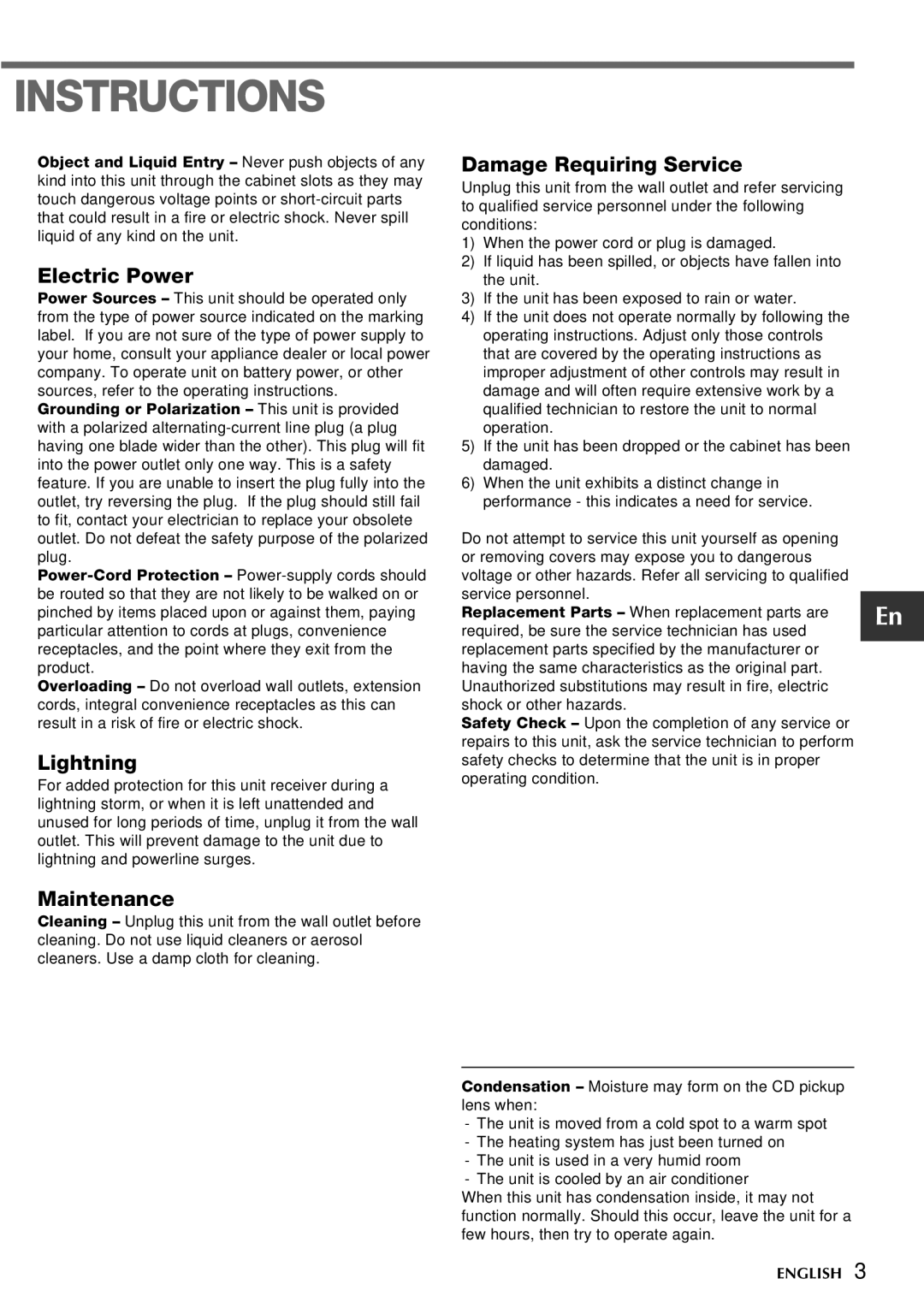 Aiwa CSD-TD39, CSD-TD49 operating instructions Electric Power, Lightning, Damage Requiring Service, Maintenance 