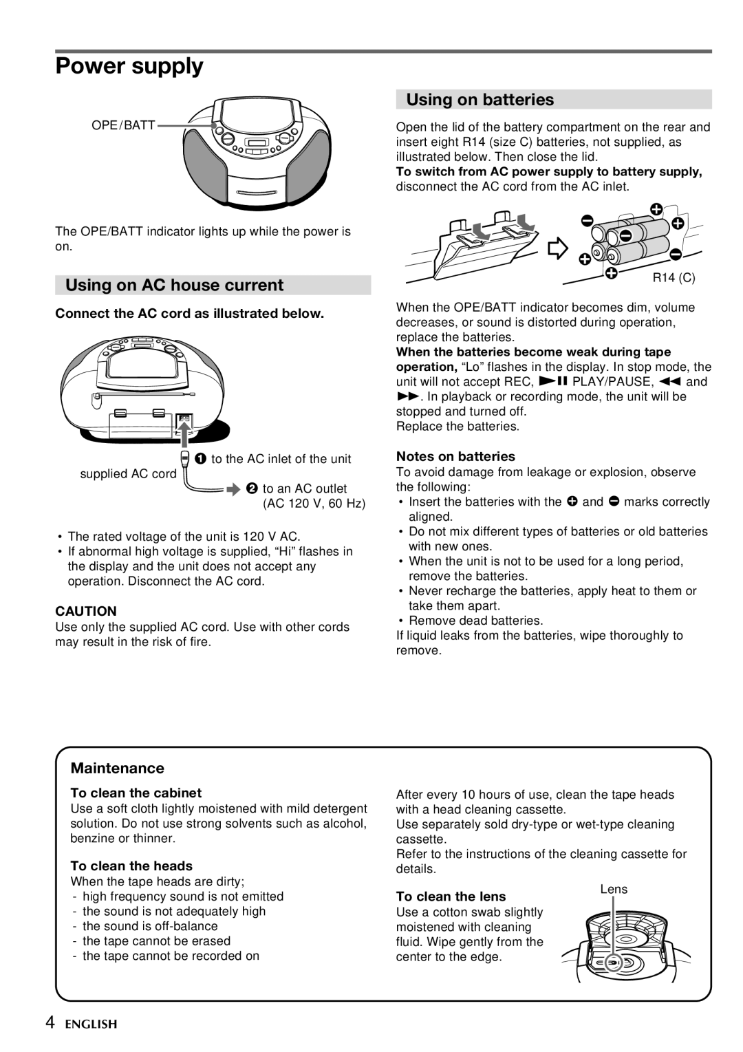 Aiwa CSD-TD49, CSD-TD39 operating instructions Using on AC house current, Using on batteries, Maintenance 