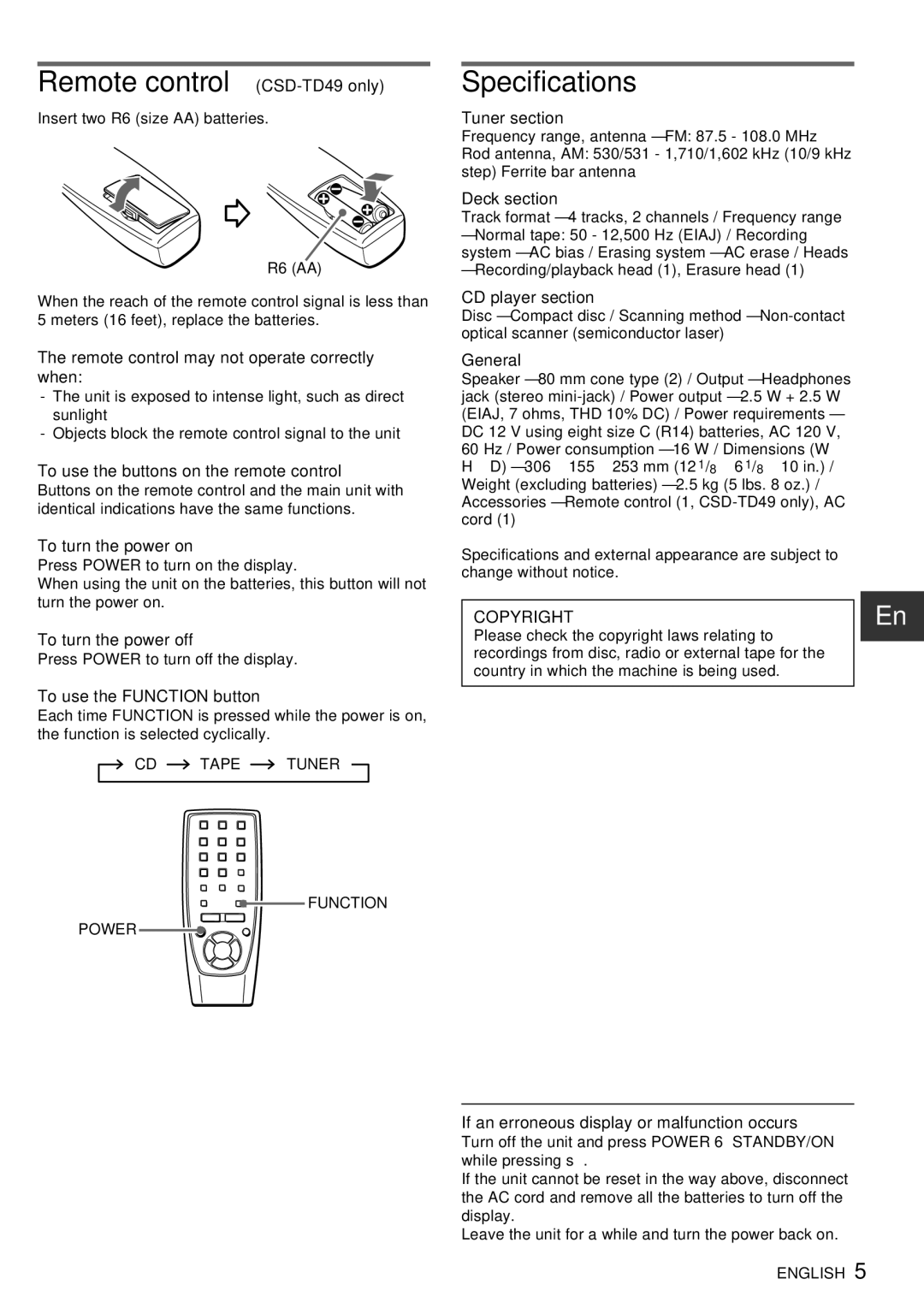 Aiwa CSD-TD39, CSD-TD49 operating instructions Copyright 