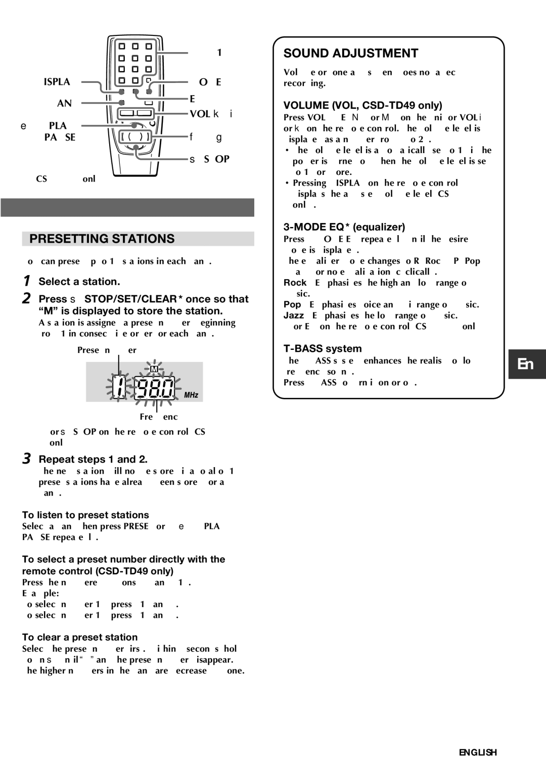 Aiwa CSD-TD39, CSD-TD49 operating instructions Presetting Stations, Sound Adjustment 