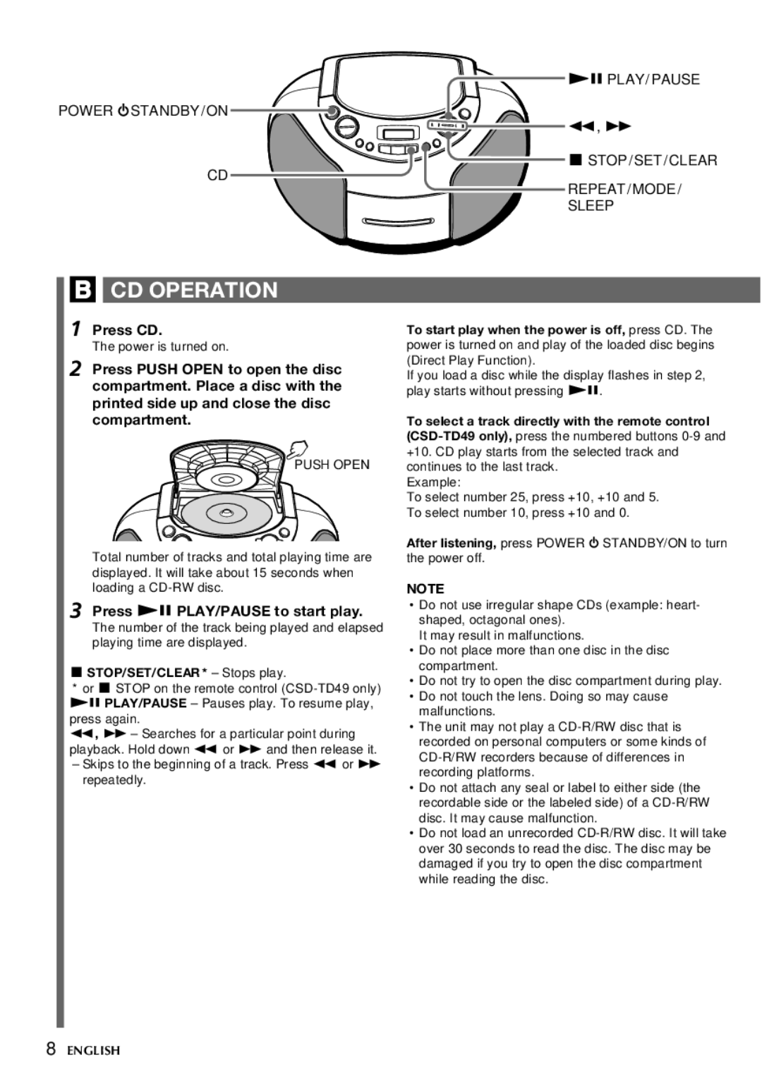 Aiwa CSD-TD49, CSD-TD39 operating instructions CD Operation, Press CD, Press e PLAY/PAUSE to start play 