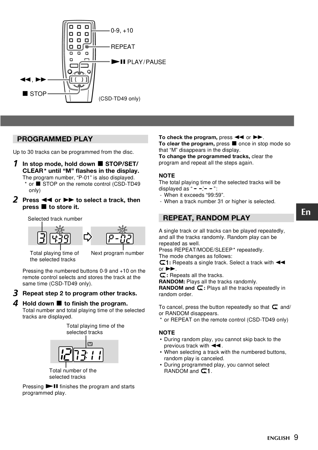 Aiwa CSD-TD39, CSD-TD49 Programmed Play, REPEAT, Random Play, Press f or g to select a track, then press s to store it 