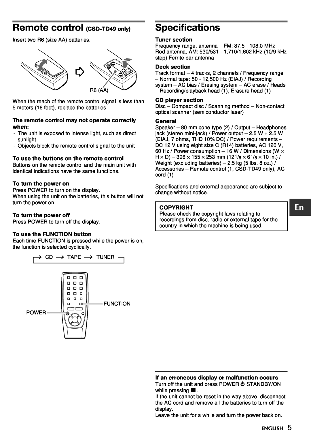 Aiwa CSD-TD39 Remote control CSD-TD49only, Specifications, The remote control may not operate correctly when, Deck section 