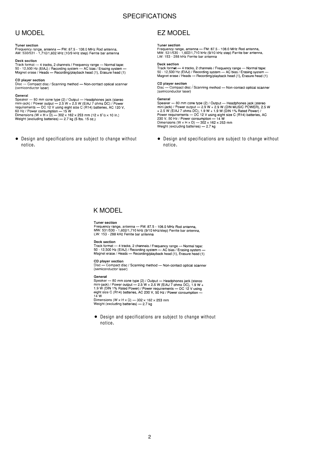 Aiwa CSD-TD52, CSD-TD51, CSD-TD53 service manual Specifications Model EZ Model 