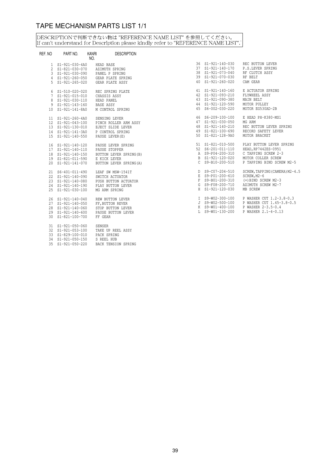 Aiwa CSD-TD51, CSD-TD53, CSD-TD52 service manual Tape Mechanism Parts List 1/1 