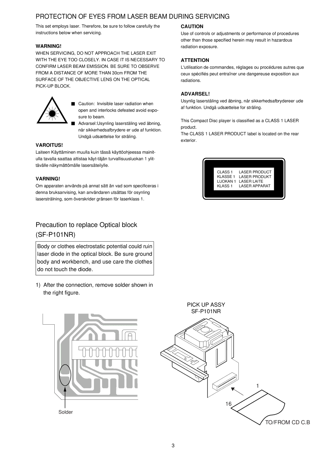 Aiwa CSD-TD51, CSD-TD53, CSD-TD52 service manual Protection of Eyes from Laser Beam During Servicing, Varoitus 