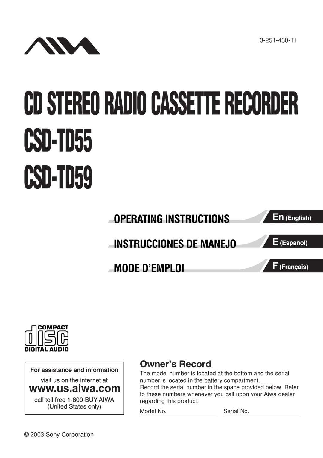 Aiwa CSD-TD55 manual CSD-TD59 