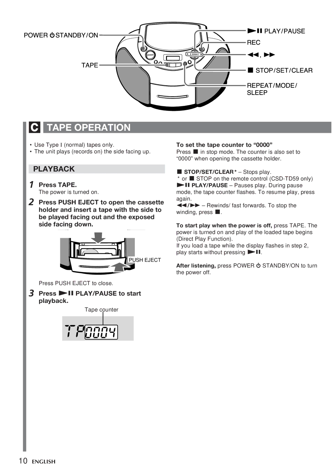 Aiwa CSD-TD59 manual Tape Operation, Playback, Press Tape, Press e PLAY/PAUSE to start playback, To set the tape counter to 