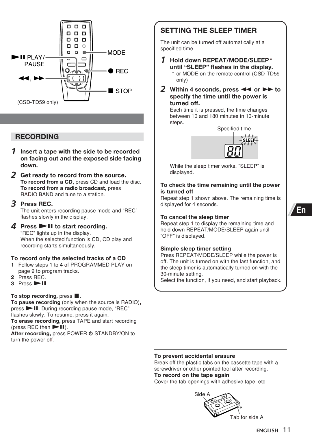 Aiwa CSD-TD55, CSD-TD59 manual Recording, Setting the Sleep Timer, Press REC, Press e to start recording 