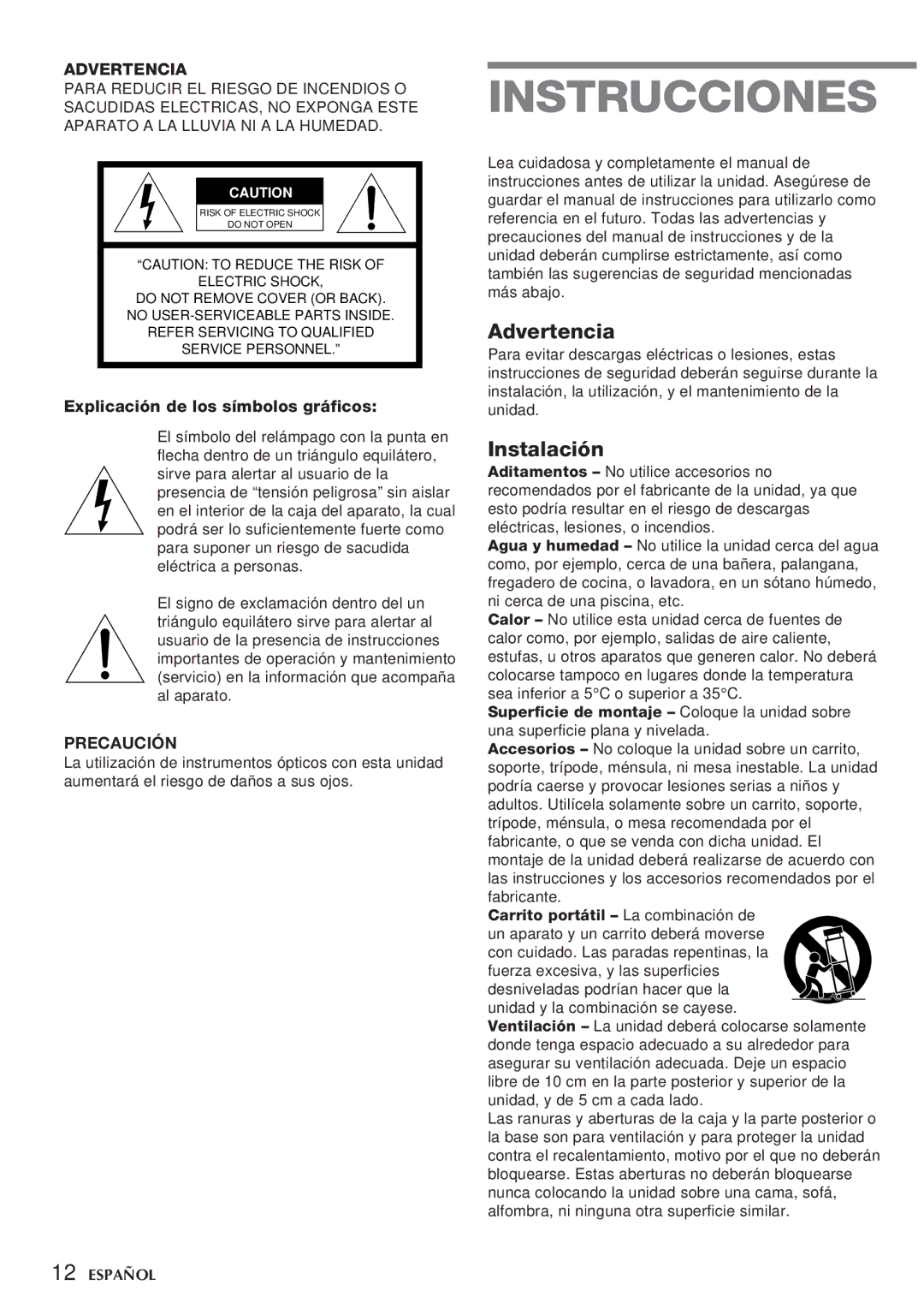 Aiwa CSD-TD59, CSD-TD55 manual Advertencia, Instalación, Explicación de los símbolos gráficos, Precaución 