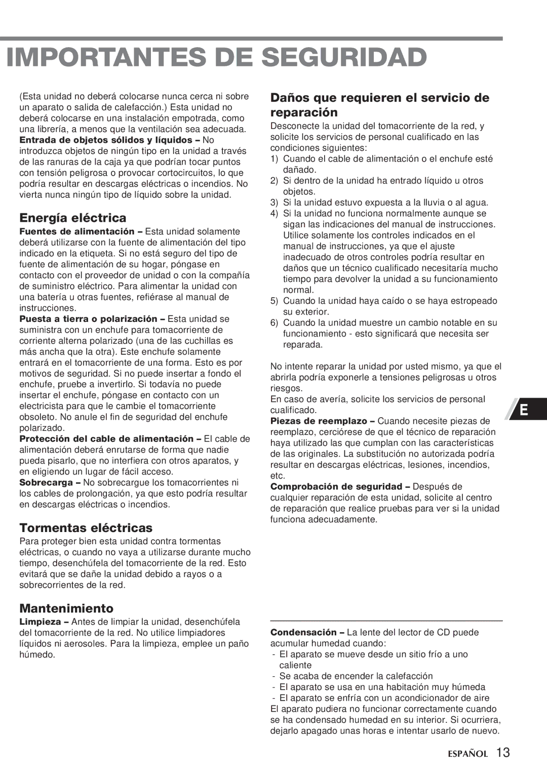 Aiwa CSD-TD55 manual Energía eléctrica, Tormentas eléctricas, Daños que requieren el servicio de reparación, Mantenimiento 