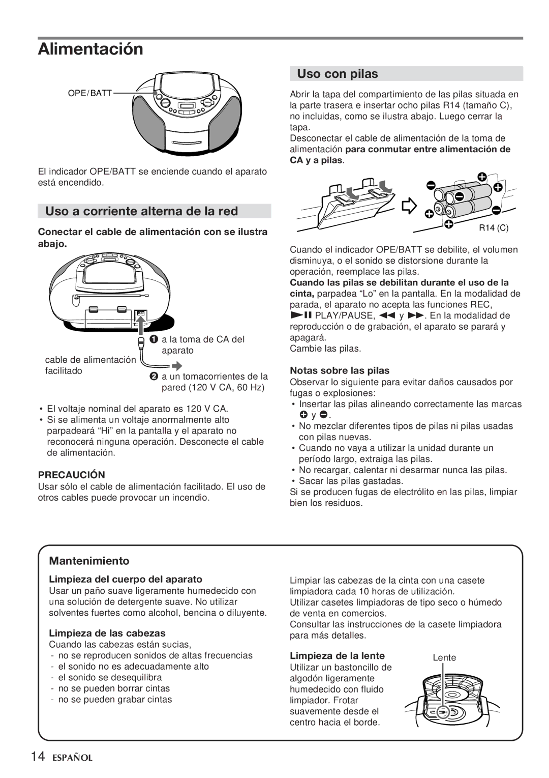 Aiwa CSD-TD59, CSD-TD55 manual Alimentación, Uso a corriente alterna de la red, Uso con pilas, Mantenimiento 