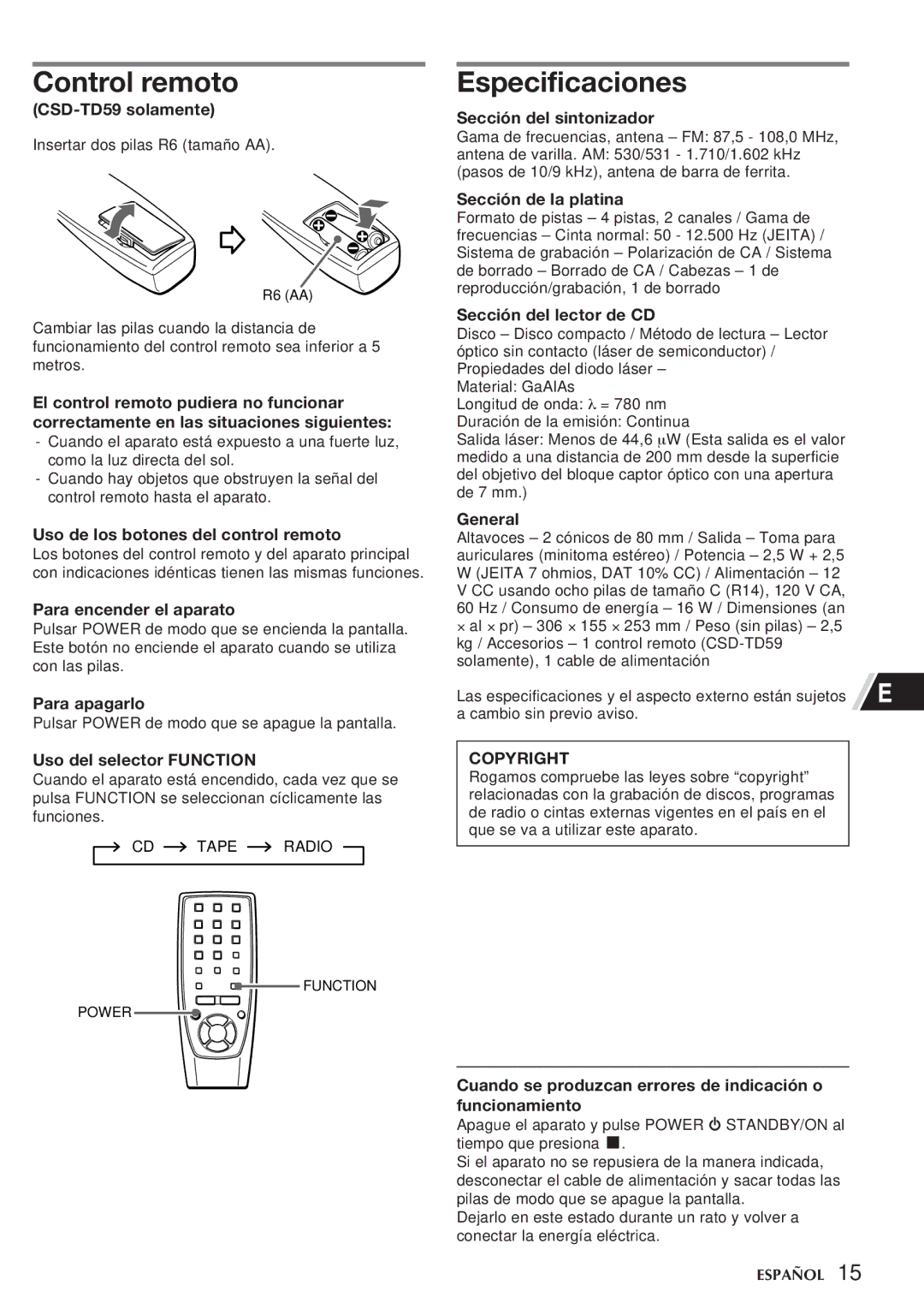 Aiwa CSD-TD55, CSD-TD59 manual Control remoto, Especificaciones 