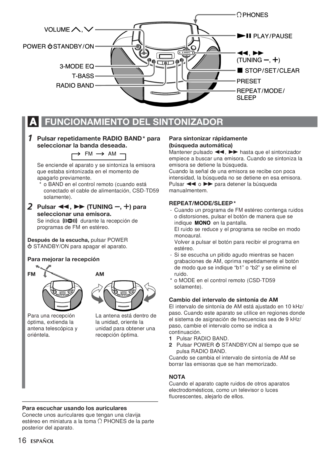 Aiwa CSD-TD59, CSD-TD55 manual Funcionamiento DEL Sintonizador, Pulsar f, g Tuning -, + para seleccionar una emisora, Nota 