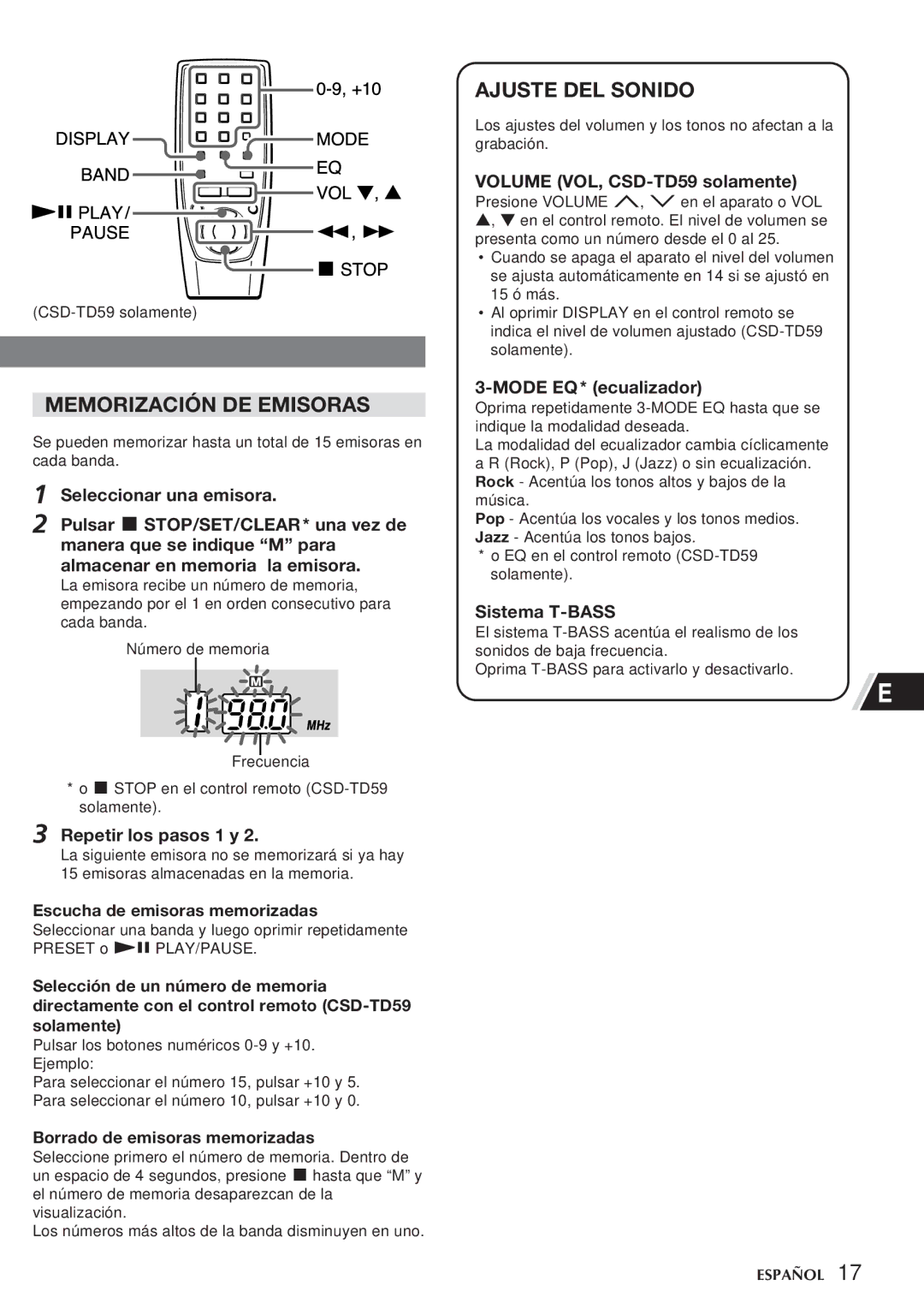 Aiwa CSD-TD55, CSD-TD59 manual Memorización DE Emisoras, Ajuste DEL Sonido 