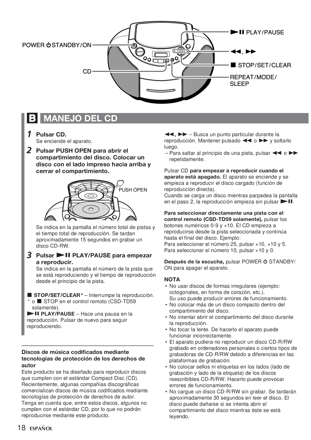 Aiwa CSD-TD59, CSD-TD55 manual Manejo DEL CD, Pulsar CD, Pulsar e PLAY/PAUSE para empezar a reproducir 