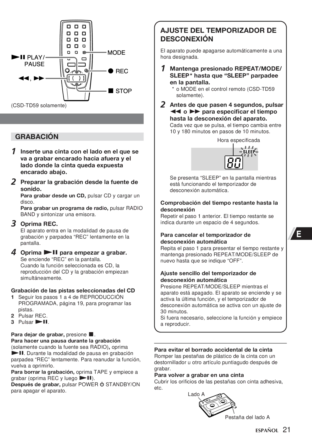 Aiwa CSD-TD55, CSD-TD59 manual Grabación, Ajuste DEL Temporizador DE Desconexión, Oprima REC, Oprima e para empezar a grabar 