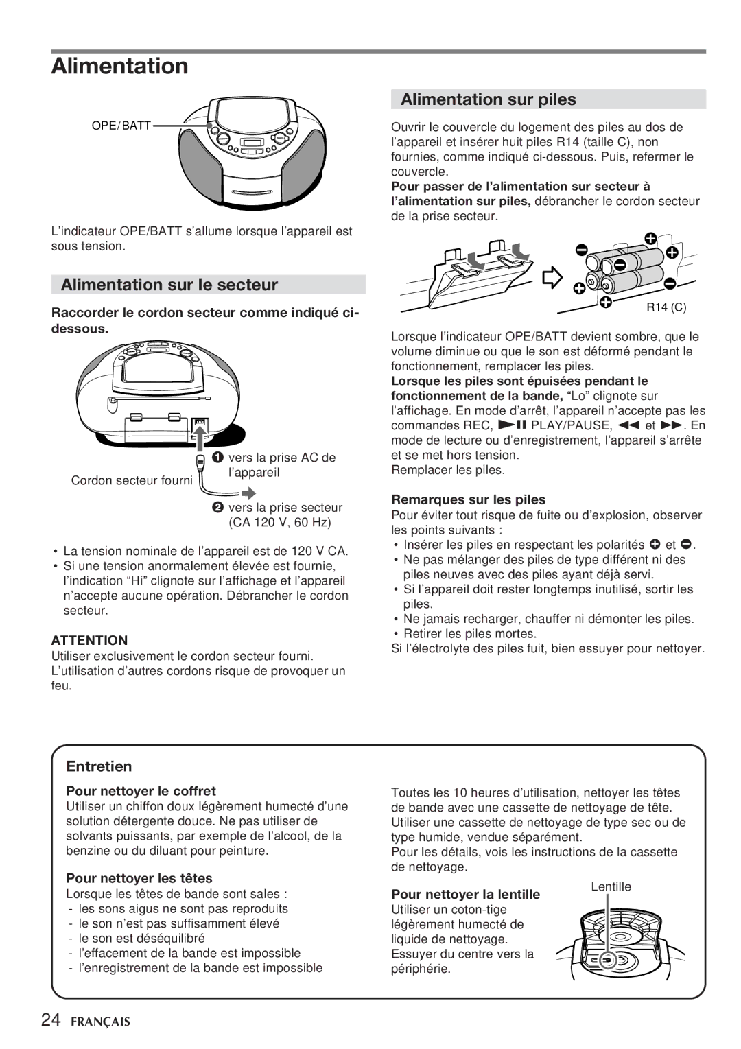 Aiwa CSD-TD59, CSD-TD55 manual Alimentation sur le secteur, Alimentation sur piles, Entretien 