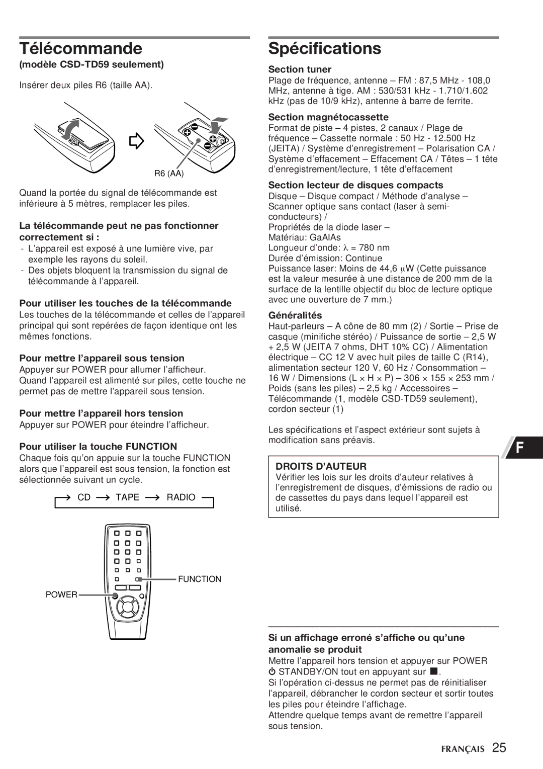 Aiwa CSD-TD55, CSD-TD59 manual Télécommande, Spécifications, Droits D’AUTEUR 