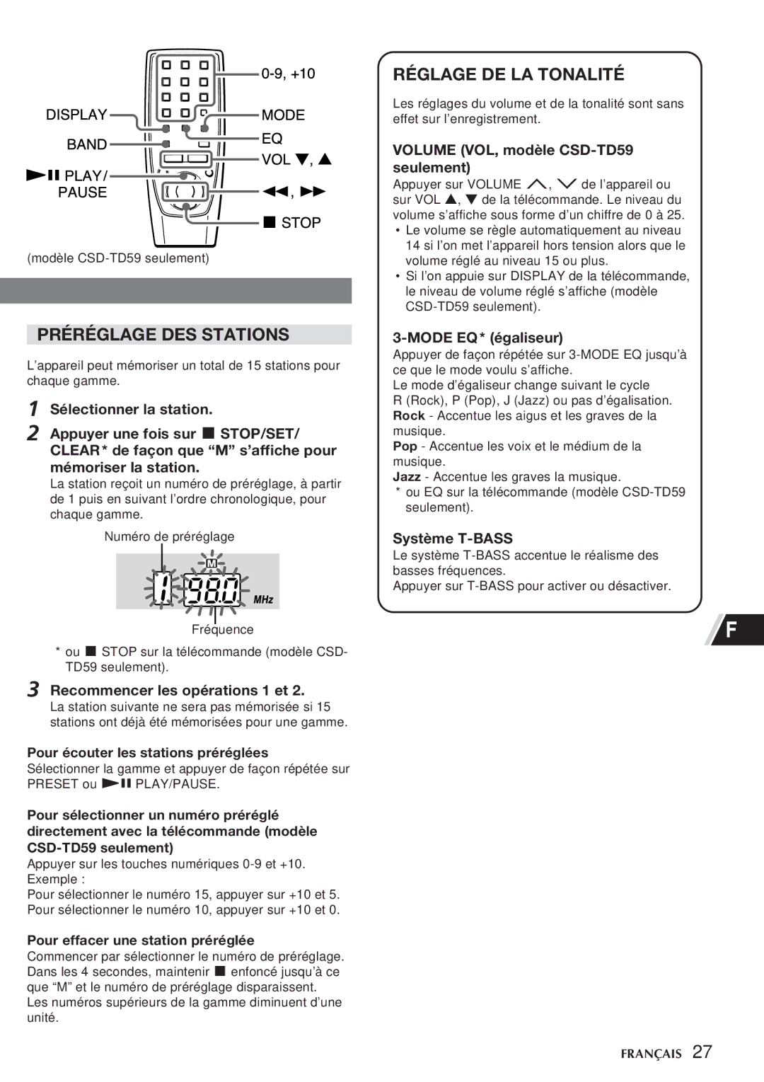 Aiwa CSD-TD55, CSD-TD59 manual Préréglage DES Stations, Réglage DE LA Tonalité 