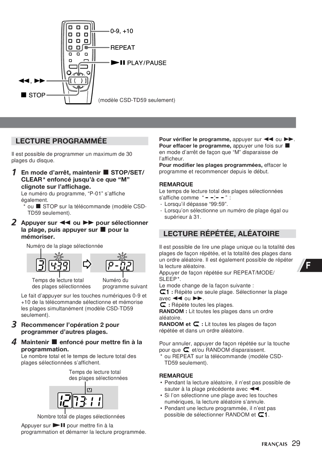 Aiwa CSD-TD55, CSD-TD59 manual Lecture Programmée, Lecture RÉPÉTÉE, Aléatoire 