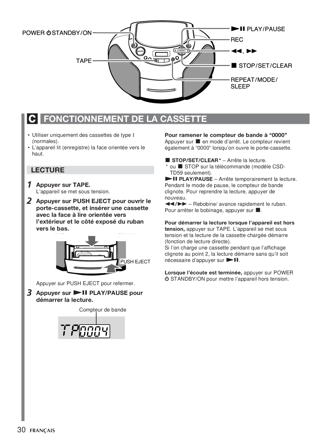 Aiwa CSD-TD59, CSD-TD55 manual Fonctionnement DE LA Cassette, Lecture, Appuyer sur Tape, Pour ramener le compteur de bande à 