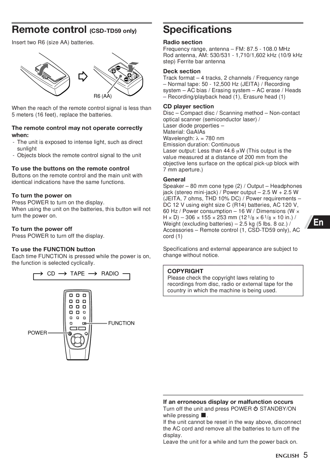 Aiwa CSD-TD55 manual Remote control CSD-TD59 only, Specifications, Copyright 