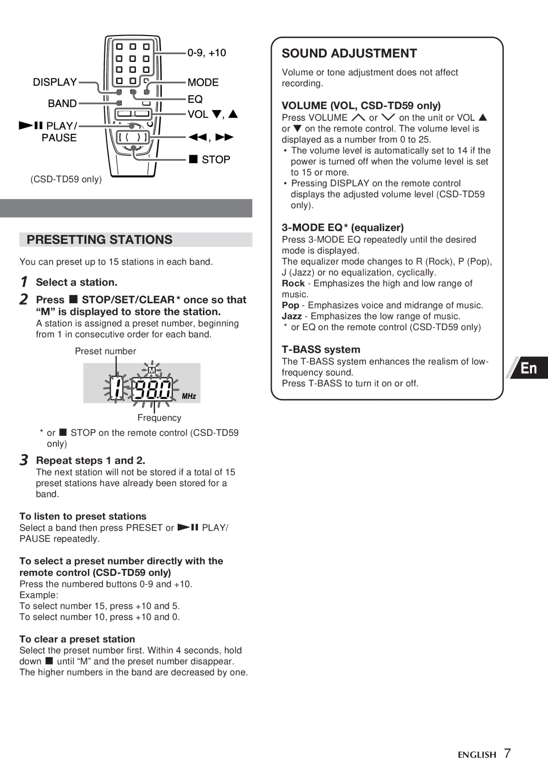 Aiwa CSD-TD55, CSD-TD59 manual Presetting Stations, Sound Adjustment 