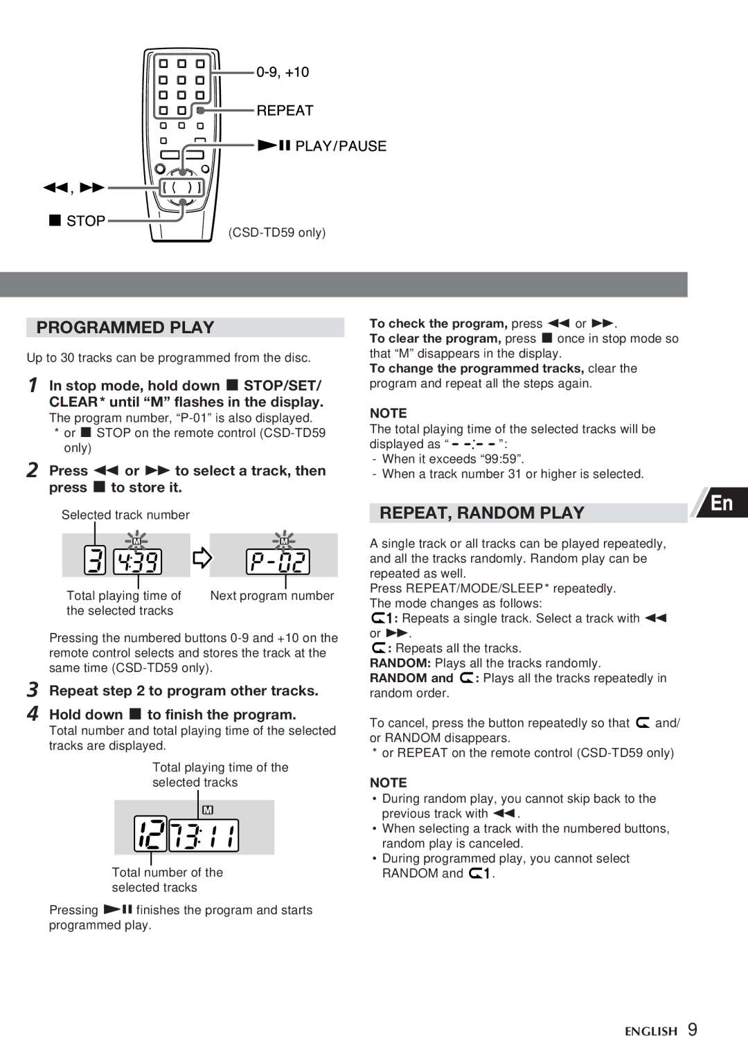 Aiwa CSD-TD55, CSD-TD59 manual Programmed Play, REPEAT, Random Play, Press f or g to select a track, then press sto store it 