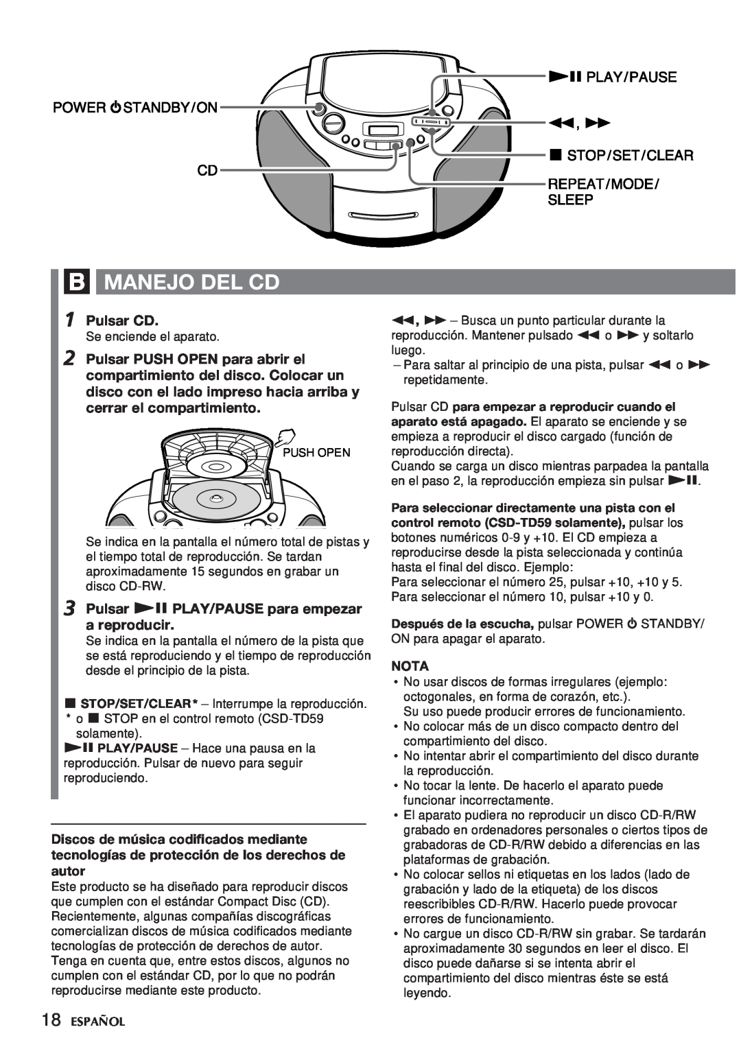 Aiwa CSD-TD59, CSD-TD55 manual B Manejo Del Cd, Pulsar CD, Pulsar e PLAY/PAUSE para empezar a reproducir, Nota 